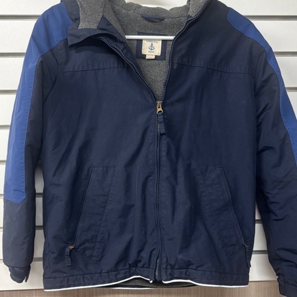 Lands’ End kids blue fleece lined hooded winter jacket size 10–12 medium